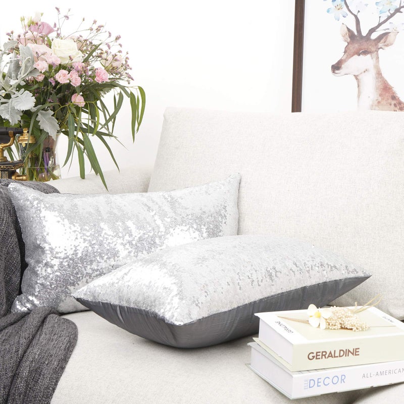 YOUR SMILE Pack of 2,YOUR SMILE New Luxury Series Silver Decorative Glitzy Sequin & Comfy Satin Solid Throw Pillow Cover Cushion Case for Wedding/Christmas,12" x 20" - Image 3